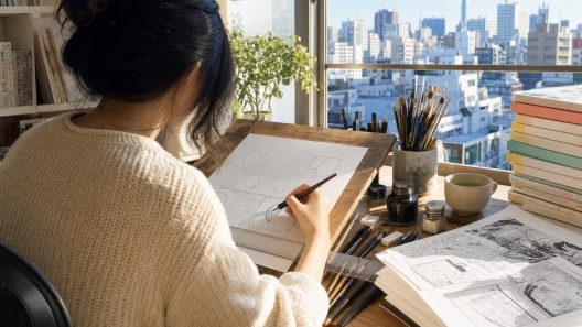 Illustratrice dessinant près d’une fenêtre avec vue urbaine