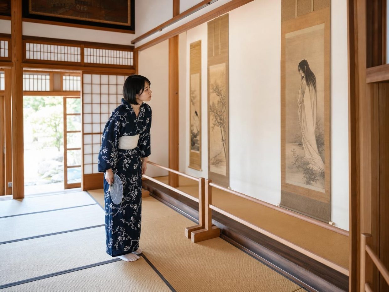 Femme en yukata observant des rouleaux japonais traditionnels