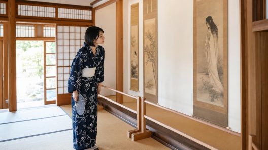 Femme en yukata observant des rouleaux japonais traditionnels