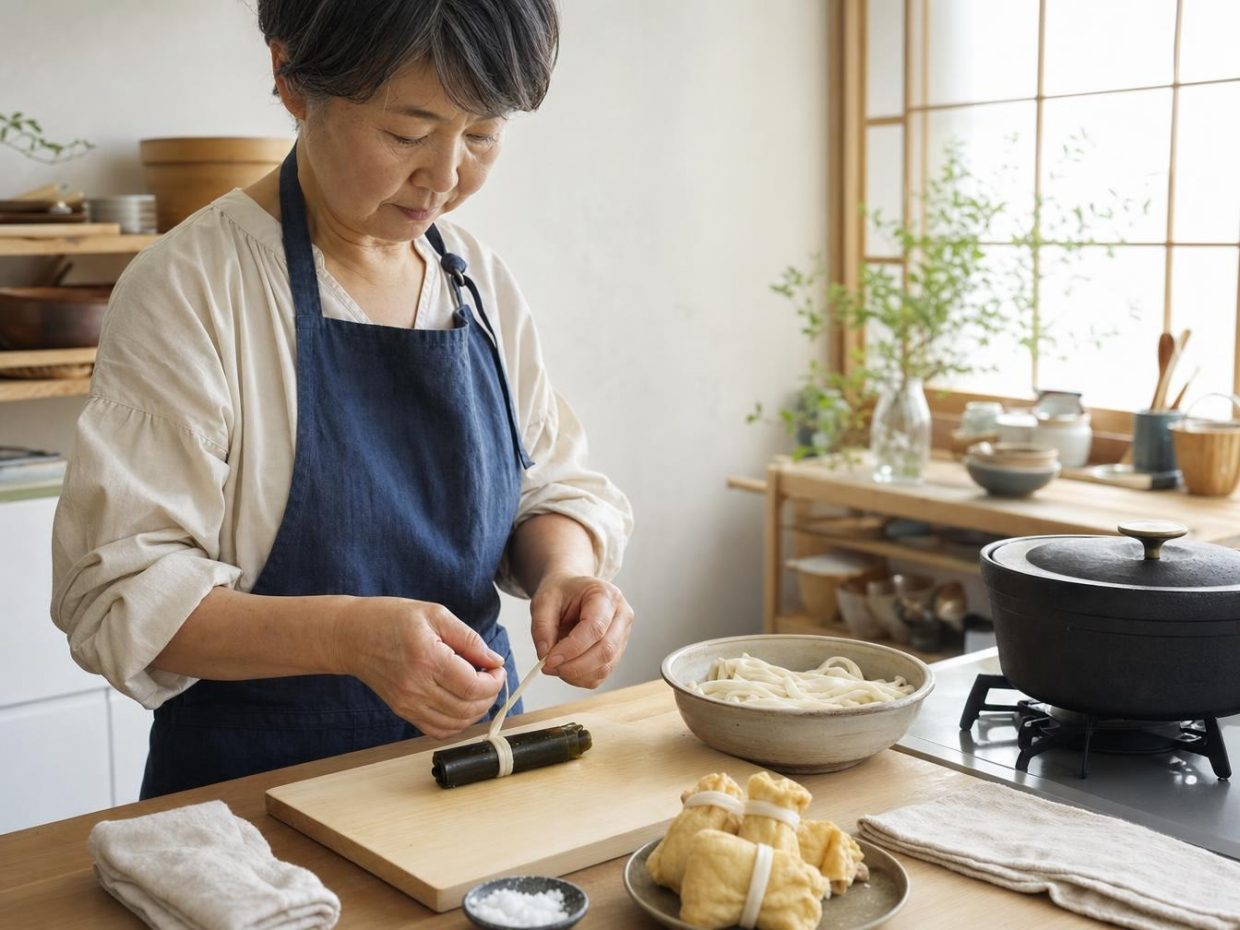 Femme préparant des nouilles dans une cuisine lumineuse