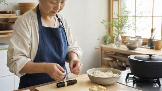 Femme préparant des nouilles dans une cuisine lumineuse