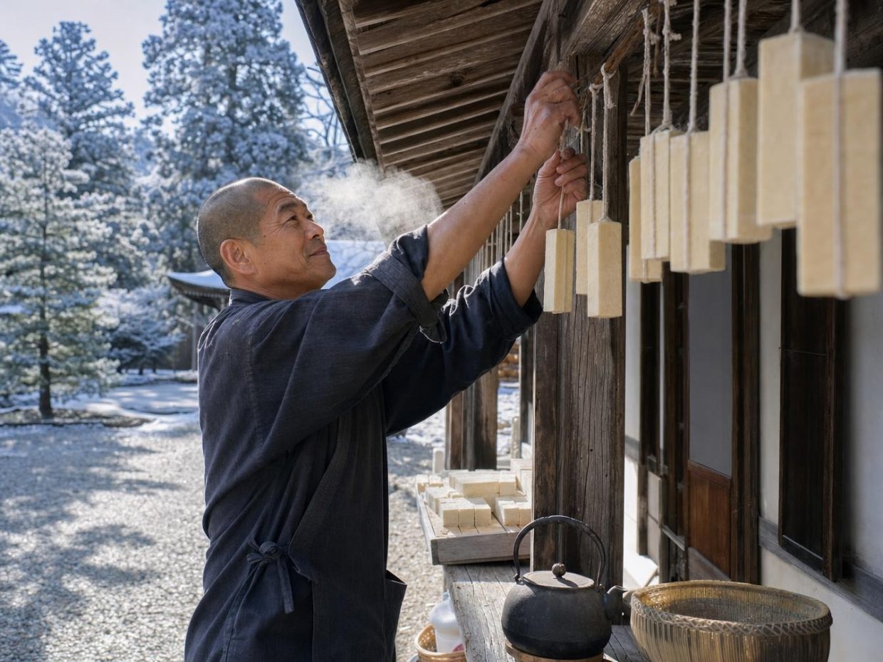 Homme suspendant des blocs de tofu dans la neige