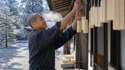Homme suspendant des blocs de tofu dans la neige