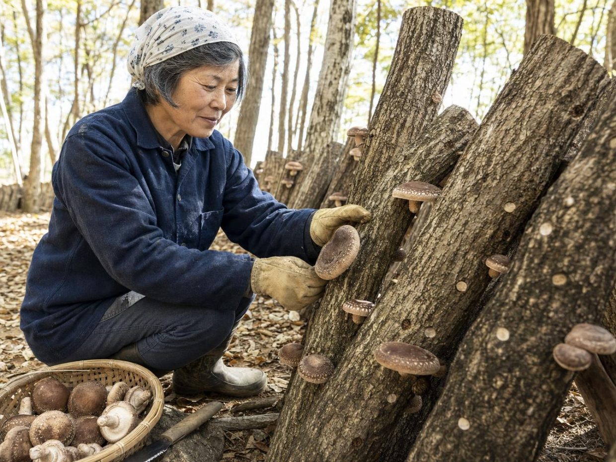 Femme récoltant des shiitakés sur des bûches en forêt