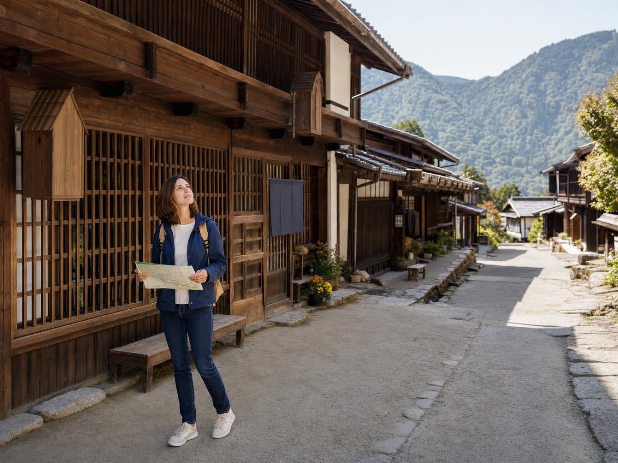 Voyageuse avec carte dans un village japonais traditionnel