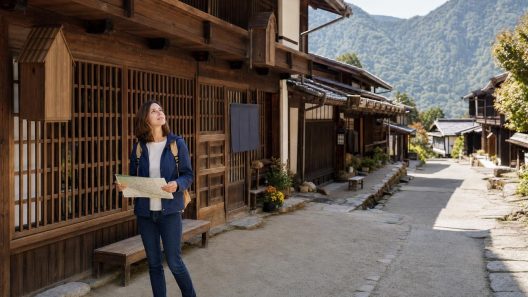 Voyageuse avec carte dans un village japonais traditionnel